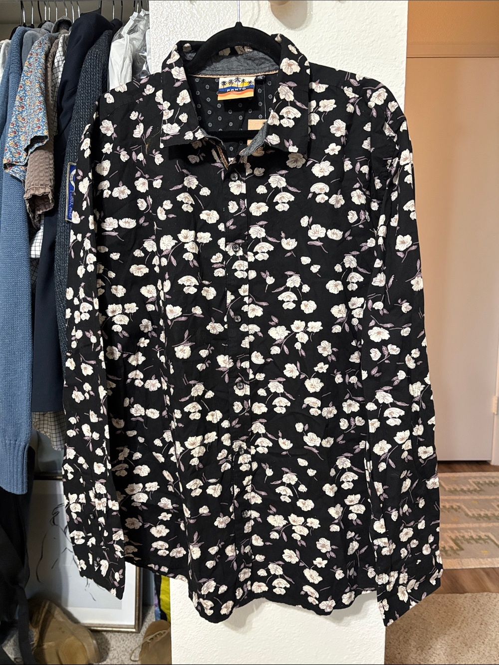 Black Floral Button-Down Shirt with White Blossoms